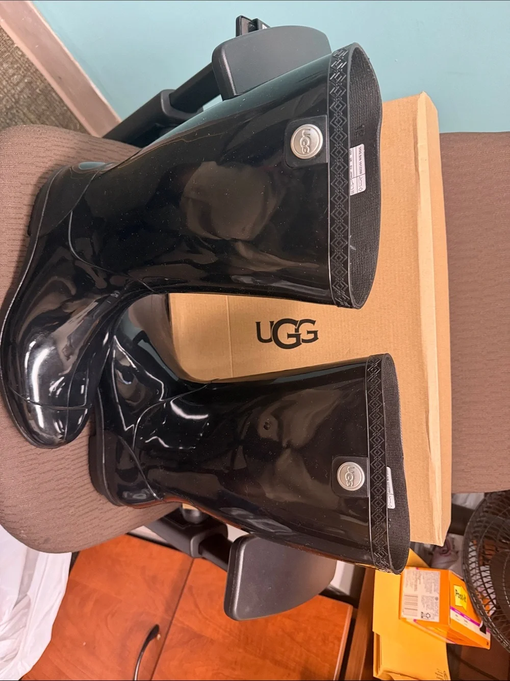 UGG Women's Black Gloss Waterproof Rain Boots with Branded Button